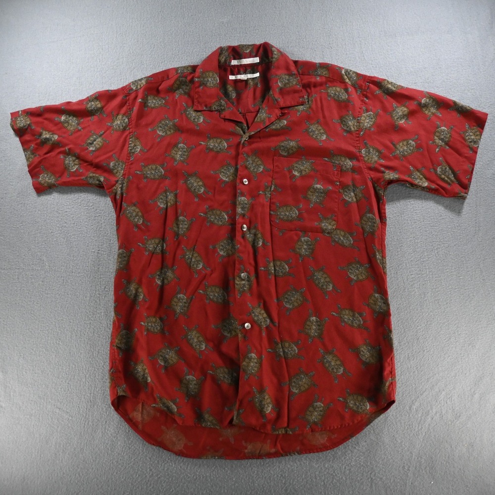 Perry Ellis Mens Vintage 90s Turtle Print Rayon Camp Shirt Medium Red